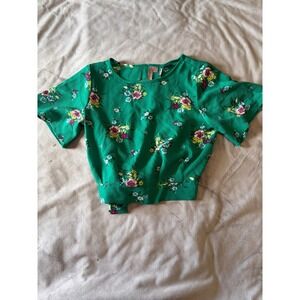 Brina & Em Green Floral Wrap Top Short Sleeve V-Neck Tie Waist Blouse Small